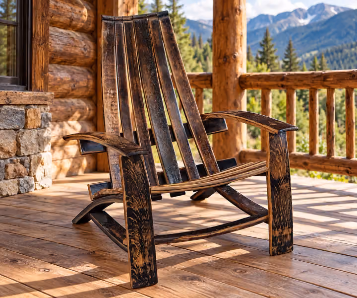 Caskwood Whiskey Barrel Lawn Chair in a rustic mountain cabin