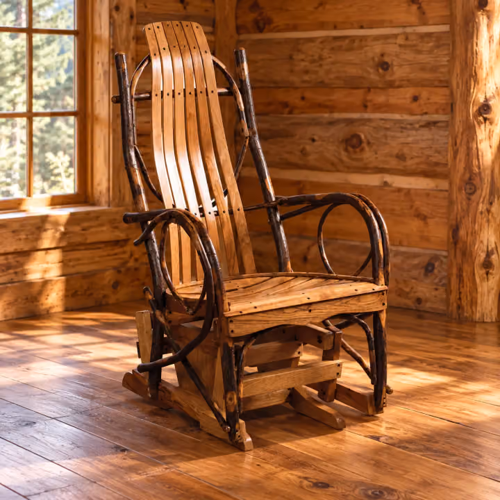 Forest Bend Hickory Glider in a rustic cabin living