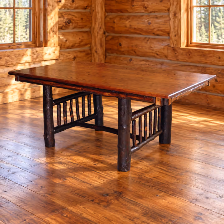 Fox Hollow Hickory Craftsman Trestle Dining Table in a rustic cabin dining