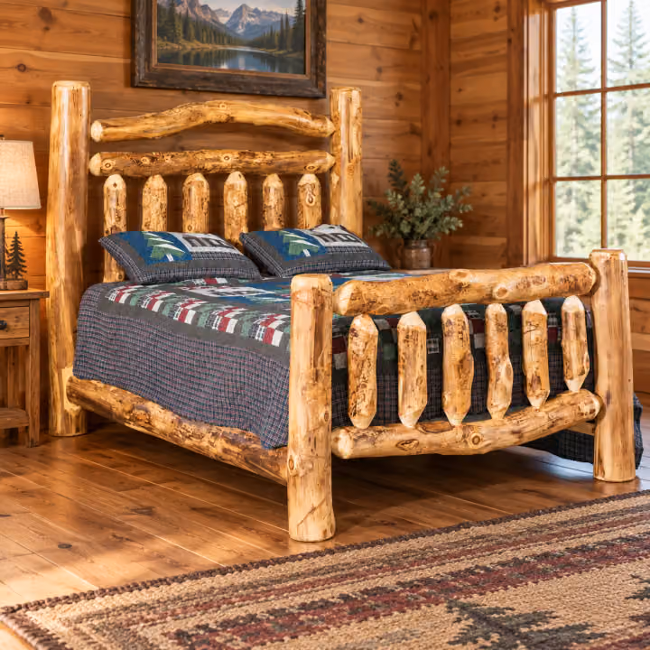 Timber Hollow Aspen High-Rail Log Bed in a cabin bedroom