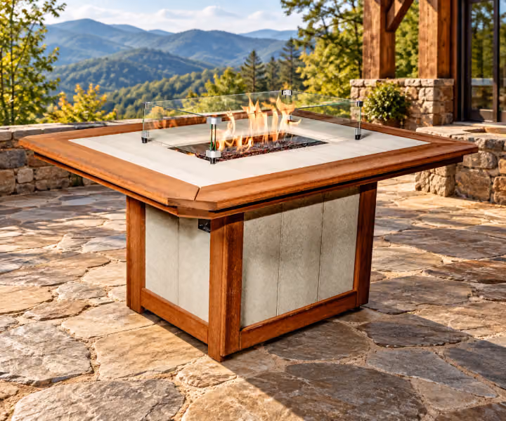 Willow Bay Poly Rectangular Lounge Fire Table in an outdoor mountain cabin setting