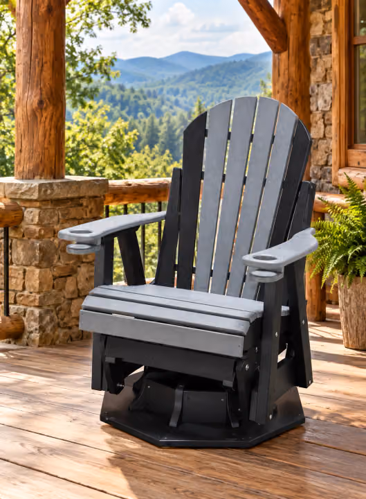 Willow Bay Poly Adirondack Swivel Glider in an outdoor mountain cabin setting