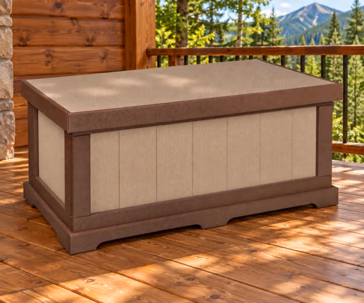 Harbor Porch Poly Deck Storage Chest in an outdoor cabin setting