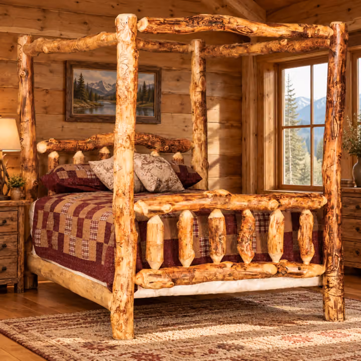 Timber Hollow Aspen Canopy Log Bed in a cabin bedroom