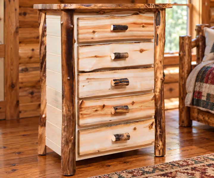 Meadow Creek Aspen Five Drawer Chest in a rustic cabin bedroom