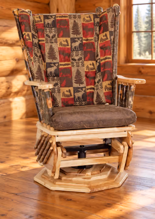 Hemlock Ridge Hickory 4 Post Swivel Glider in a rustic cabin living