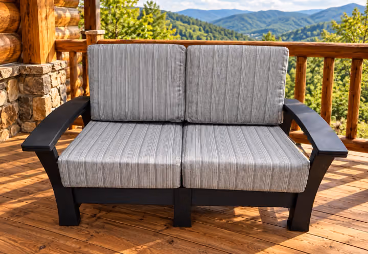 Willow Bay Poly Porchside Loveseat in an outdoor mountain cabin setting