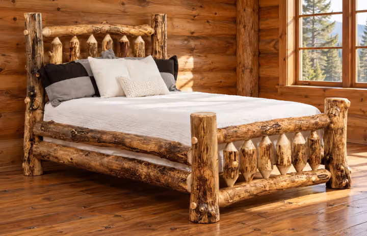 Clearwater Aspen Log Bed in a rustic cabin bedroom