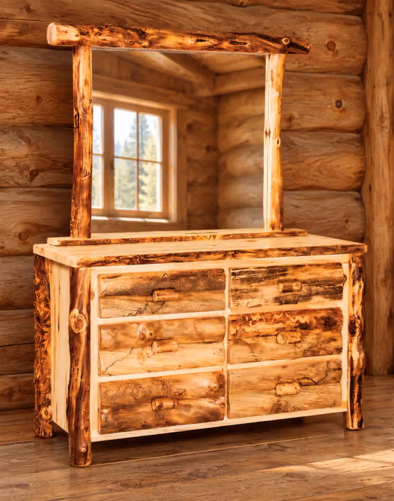 Timber Hollow Aspen Small Six-Drawer Dresser with Mirror in a cabin bedroom