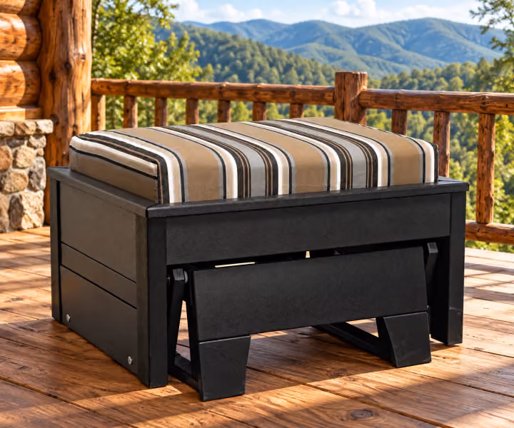 Willow Bay Poly Cushioned Gliding Footrest in an outdoor mountain cabin setting