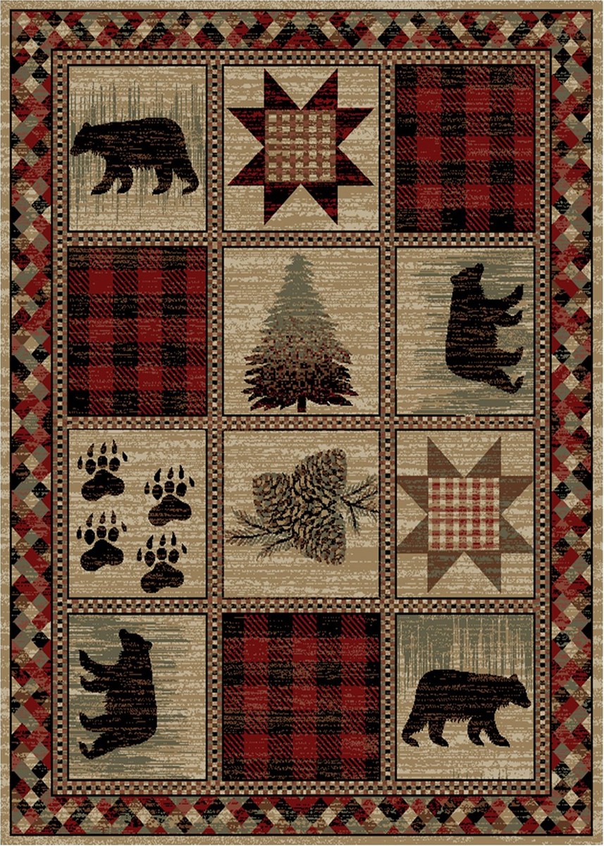 Pine River Bear & Plaid Patchwork Rug — rectangular pattern