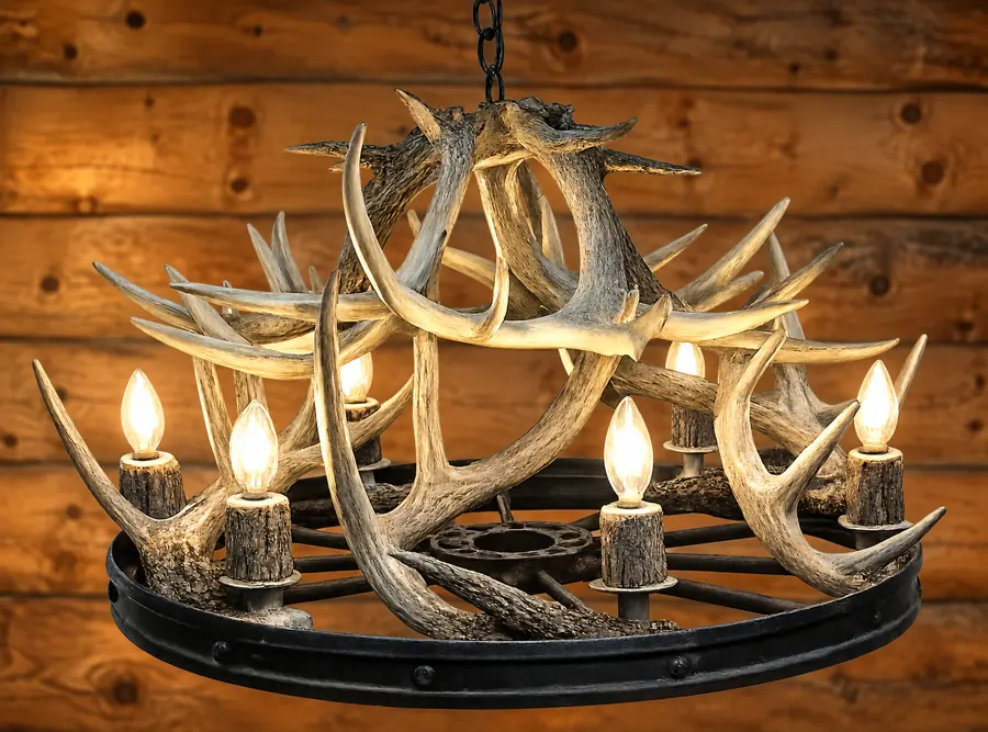 Prairie Wheel Six-Light Chandelier in a rustic cabin