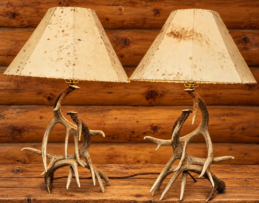 Kindred Antler Table Lamp Pair in a rustic cabin
