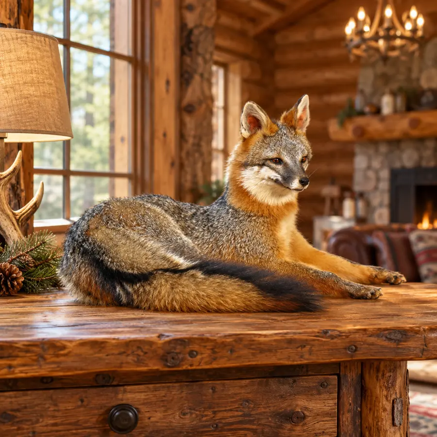 Cedar Hollow Gray Fox Mount in a rustic cabin