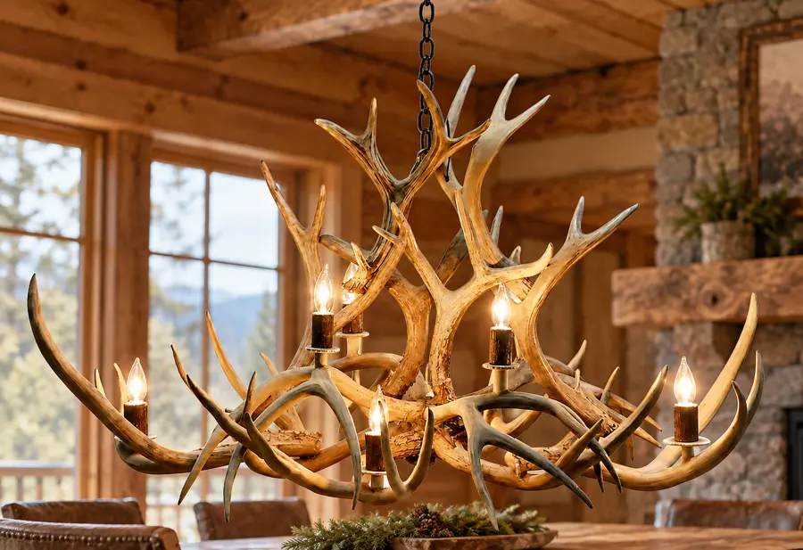 Oval Mule Deer Antler Chandelier — 8 Light in a rustic cabin