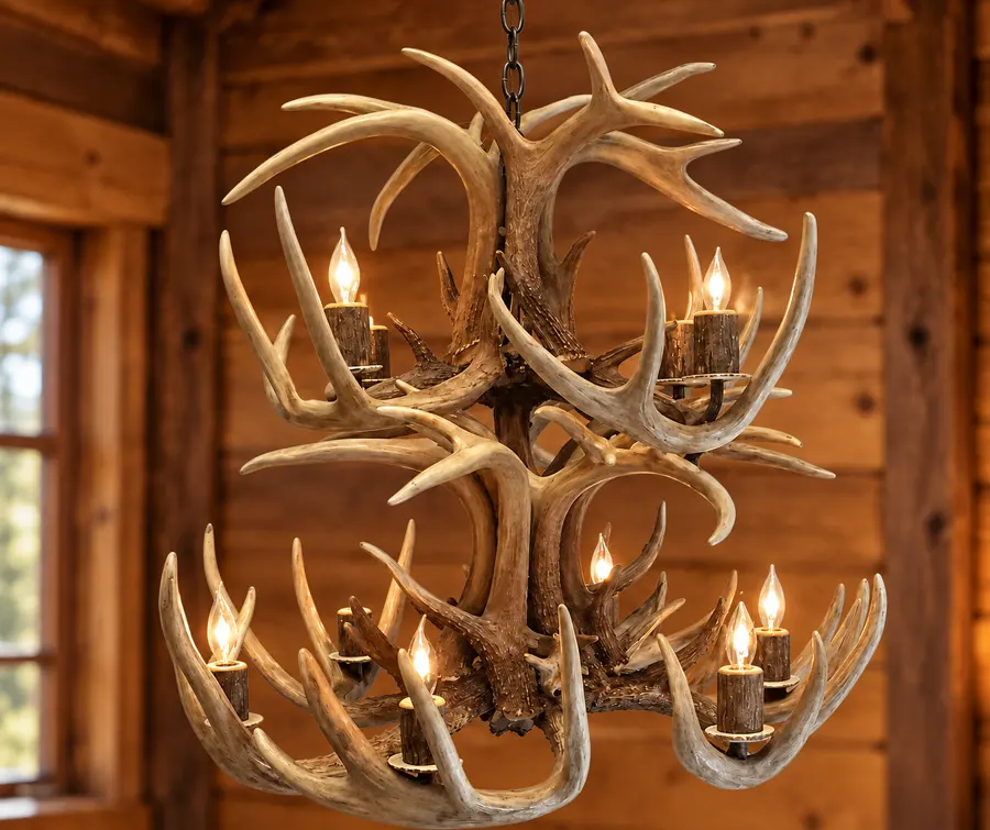Woodland Double-Tier Antler Chandelier in a rustic cabin