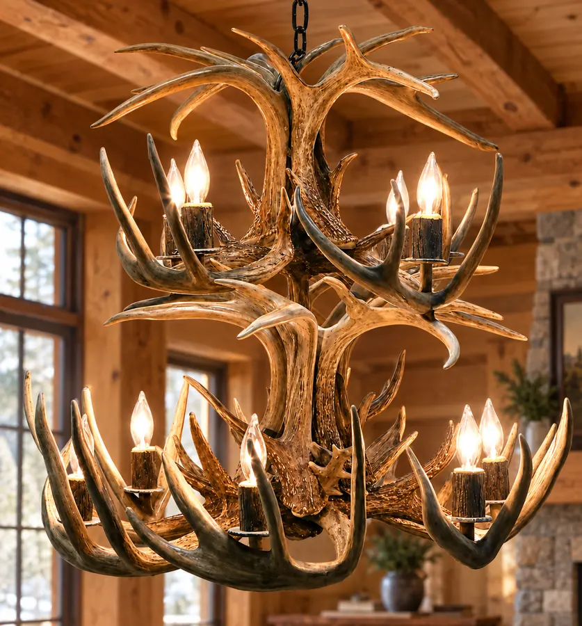The Chief Whitetail Chandelier — 10 Light in a rustic cabin