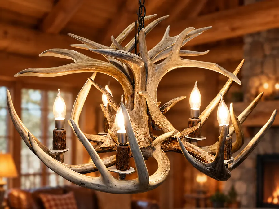 Branchwork Five-Light Chandelier in a rustic cabin