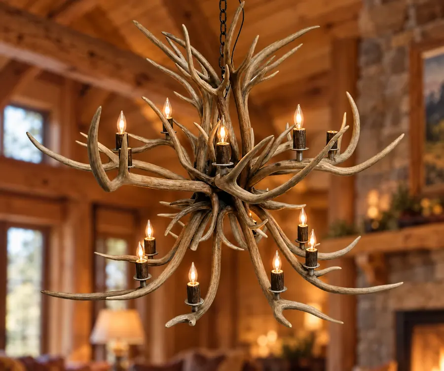 Axis Grove Two-Tier Chandelier in a rustic cabin