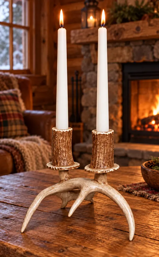 Twin Branch Antler Candleholder in a rustic cabin