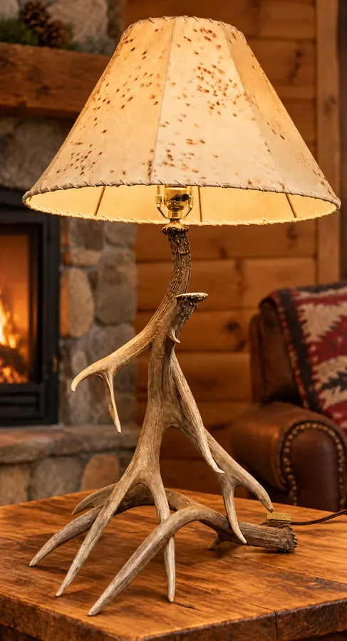 Brown Mule Deer Trio Table Lamp in a rustic cabin