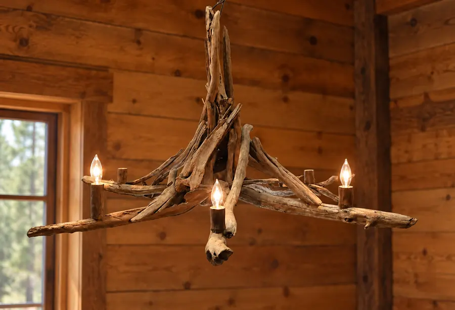 Superior Shore Five-Light Driftwood Chandelier in a rustic cabin