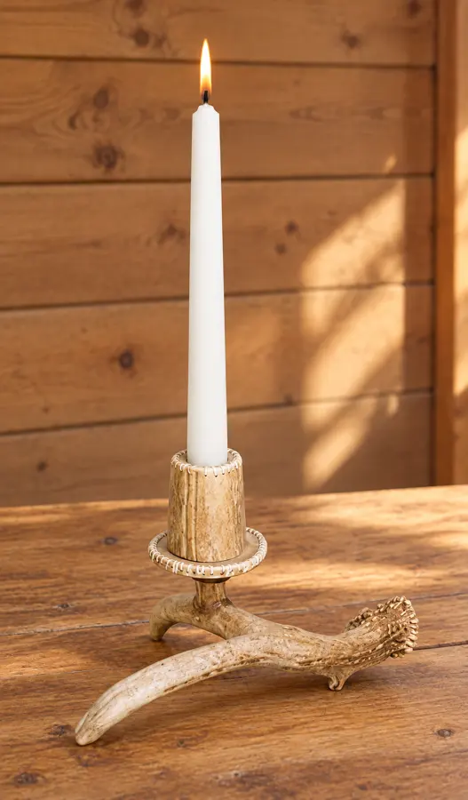 Woodland Single Antler Candle Holder in a rustic cabin