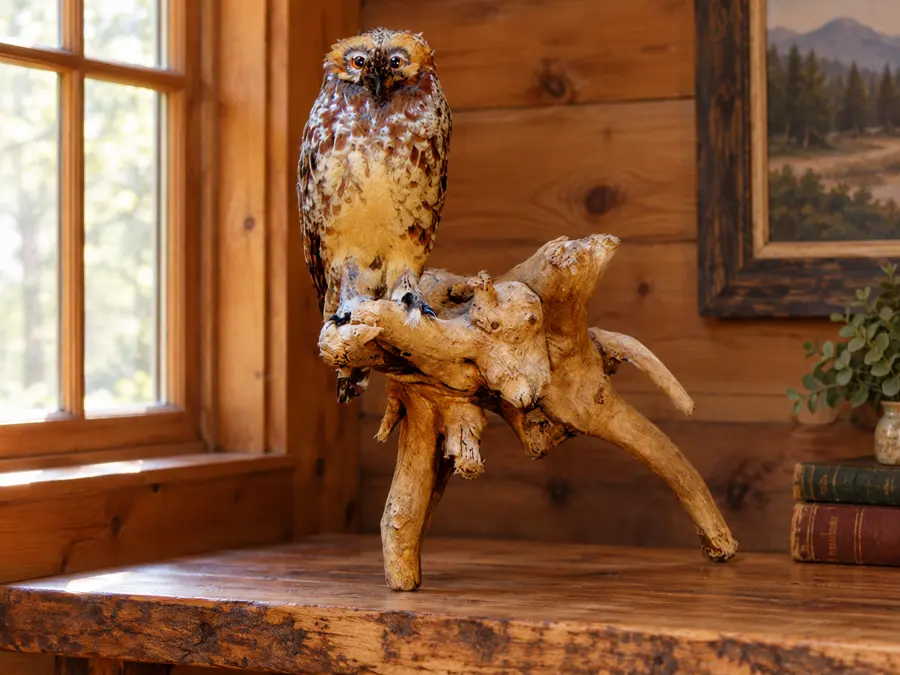 Faux Spotted Owl Branch Mount in a rustic cabin