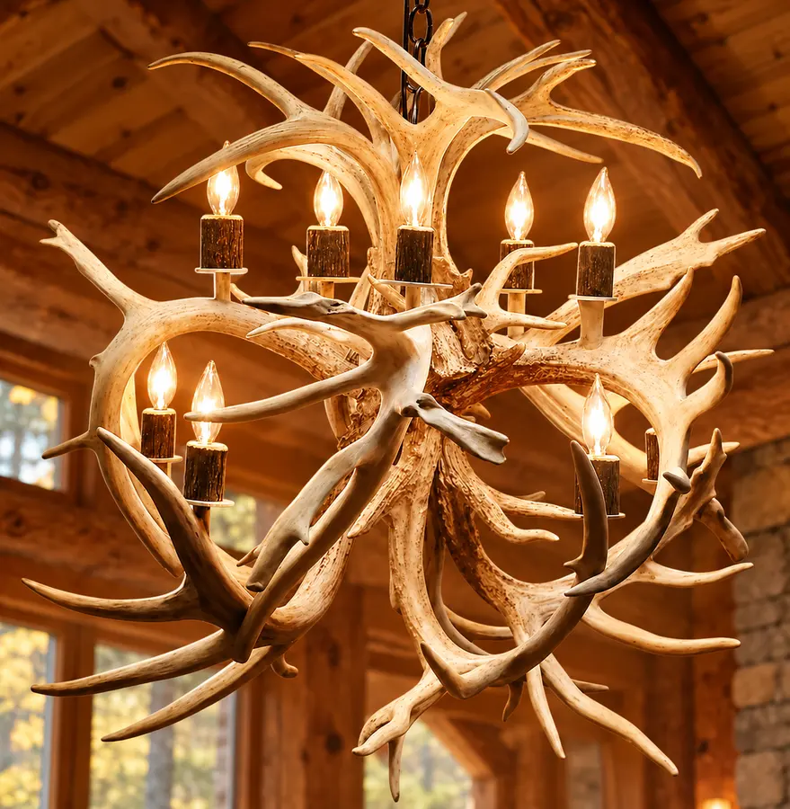 Whitetail Ember Ten-Light Chandelier in a rustic cabin
