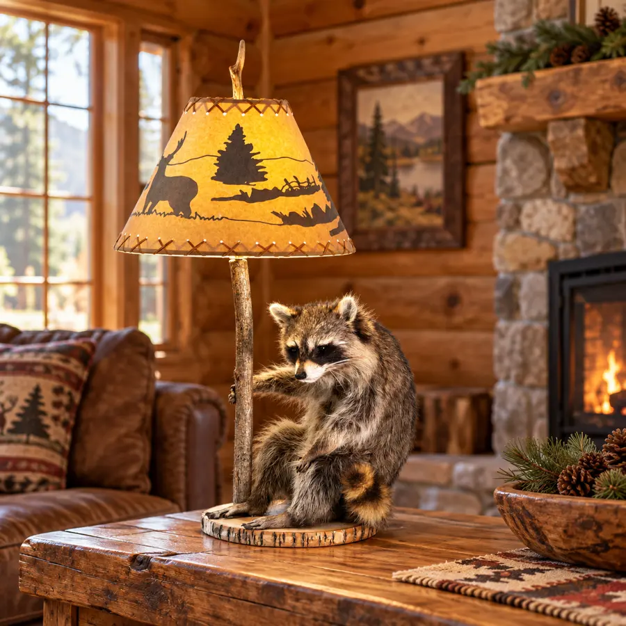 Creekwatch Raccoon Wildlife Shade Table Lamp in a rustic cabin