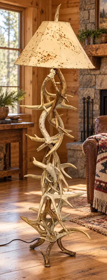 Whitetail Antler Tower Floor Lamp in a rustic cabin