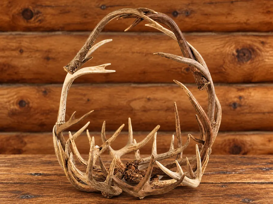 Roundwood Antler Storage Basket in a rustic cabin