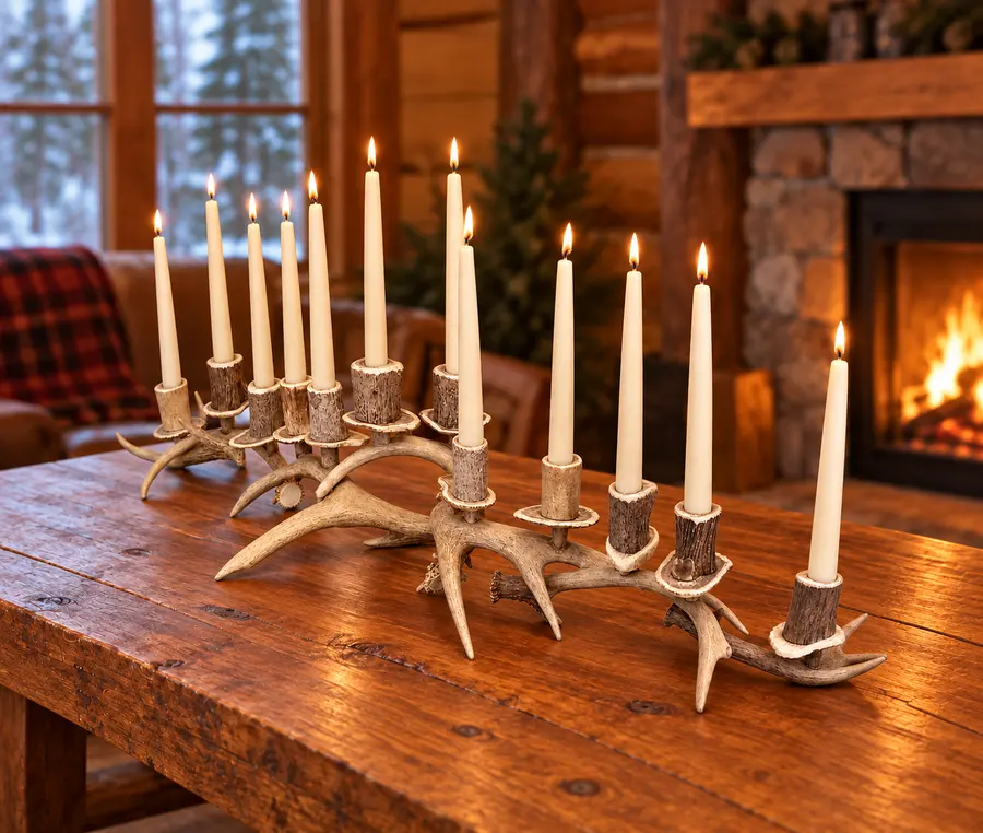 Twelve-Candle Antler Centerpiece in a rustic cabin