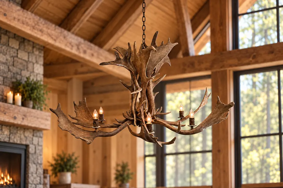 Fallow Ridge Five-Light Chandelier in a rustic cabin