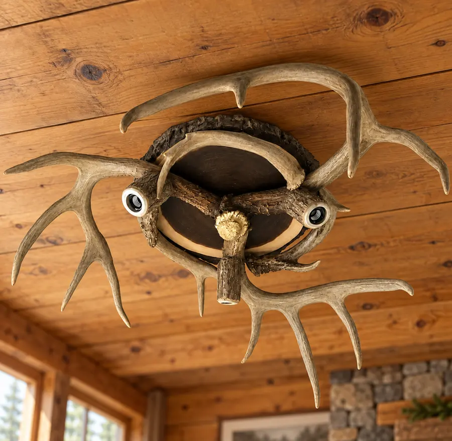 Whitetail Antler Flush Ceiling Light — 3 Socket in a rustic cabin