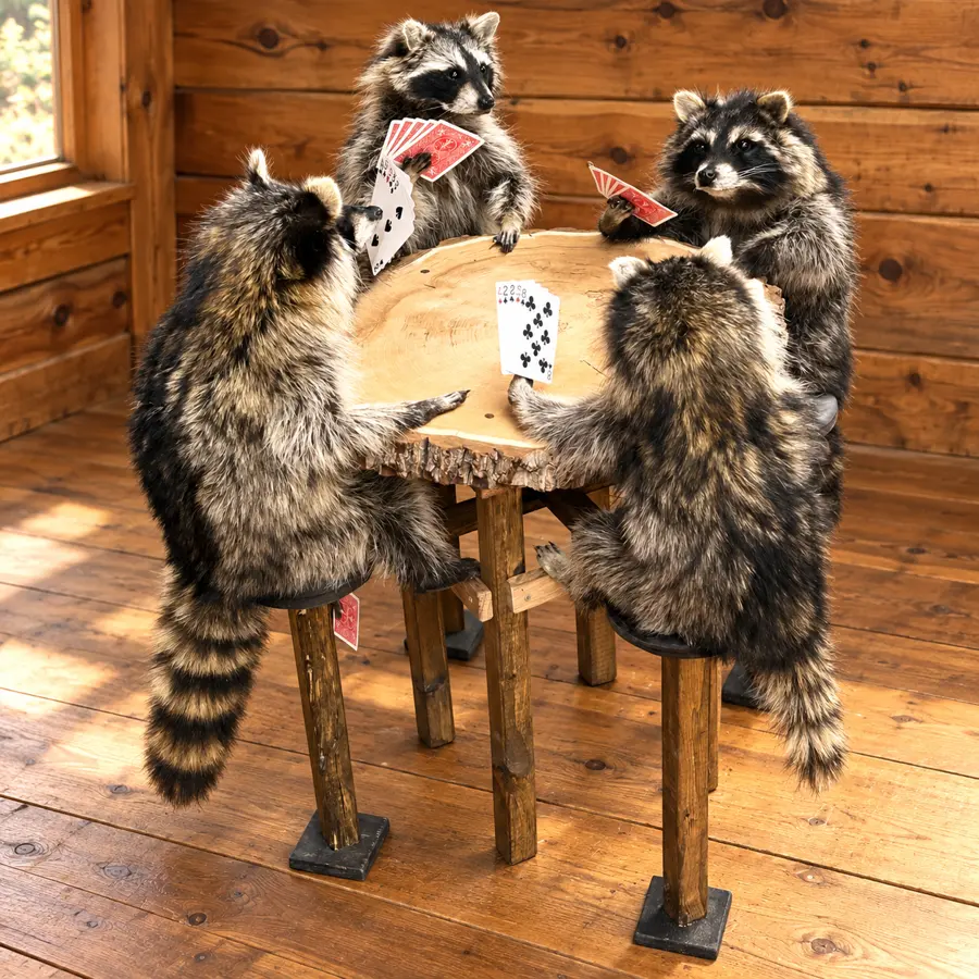 Cabin Card Night Four Raccoon Poker Display in a rustic cabin