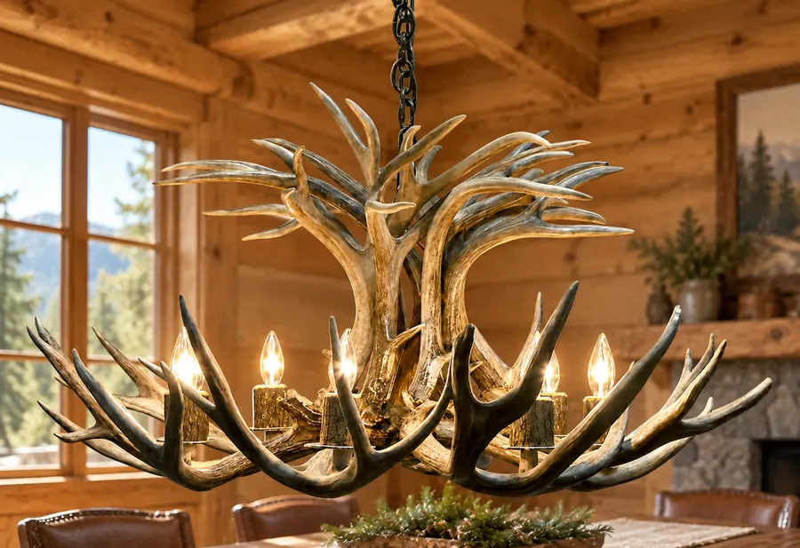 Mule Deer Antler Bloom Chandelier — 8 Light in a rustic cabin