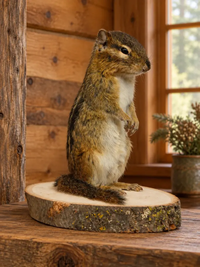 Standing Chipmunk Woodland Mount in a rustic cabin