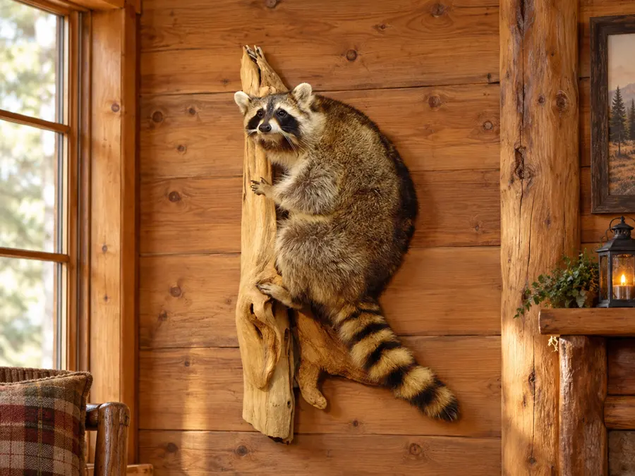 Tree Climber Raccoon Mount in a rustic cabin