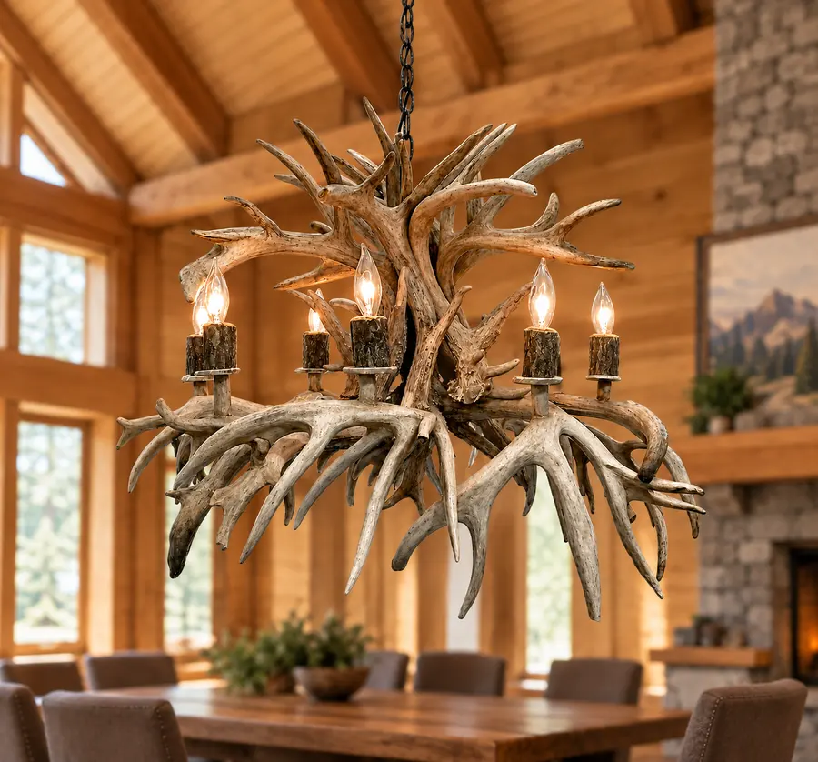 Cedar Crest Whitetail Chandelier in a rustic cabin