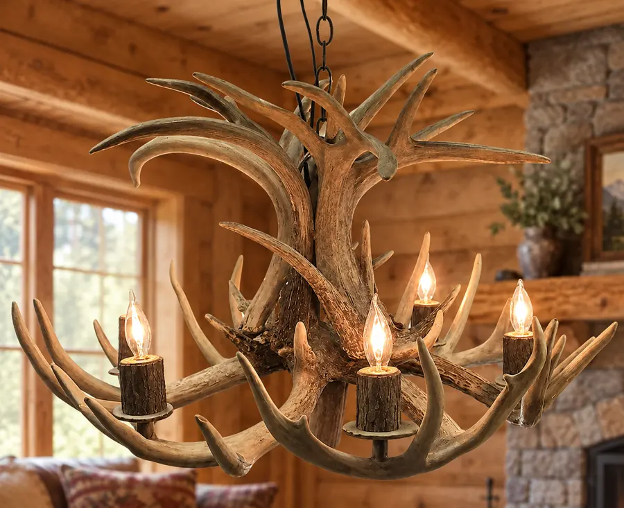 Tamarack Antler Chandelier with Downlight in a rustic cabin