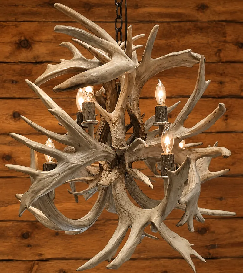 Timber Spark Eight-Light Chandelier in a rustic cabin