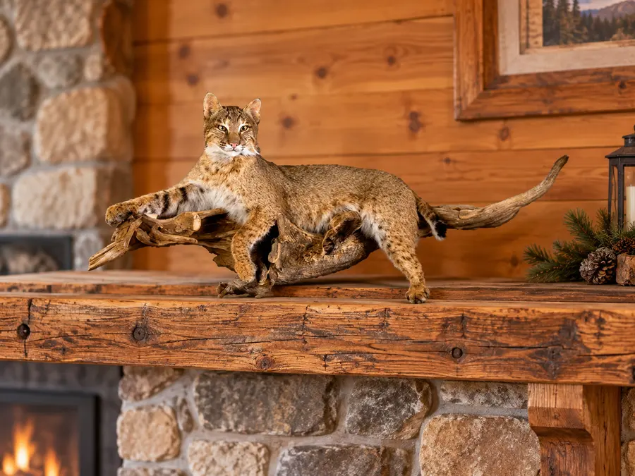 Woodland Rest Bobcat Mount in a rustic cabin