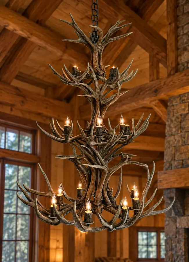 Mule Deer Cascade Eighteen-Light Chandelier in a rustic cabin