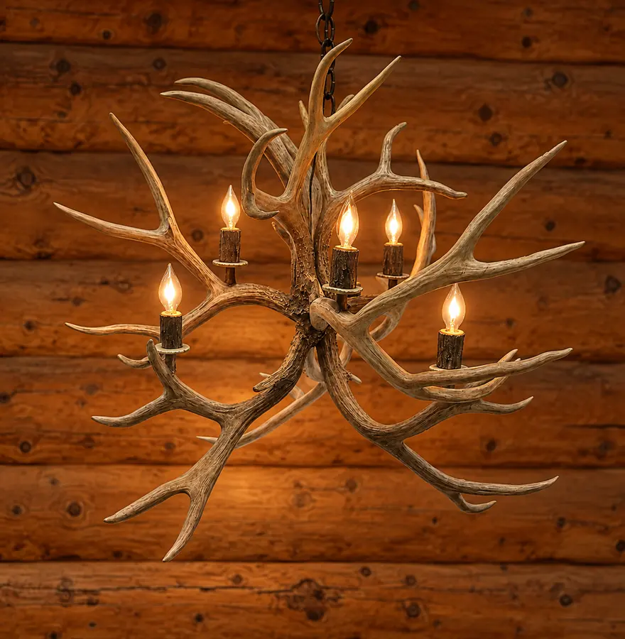 Mountain Spark Six-Light Chandelier in a rustic cabin