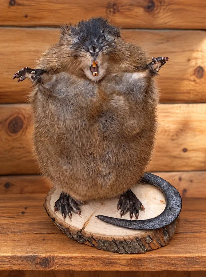Raised Paws Muskrat Display in a rustic cabin