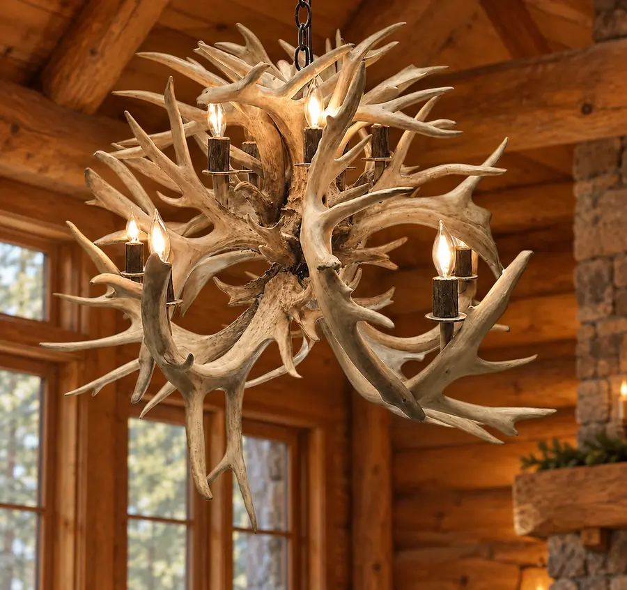 Whitetail Crown Ten-Light Chandelier in a rustic cabin