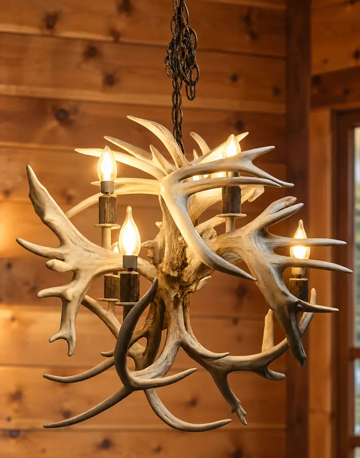 Whitetail Bloom Six-Light Chandelier in a rustic cabin