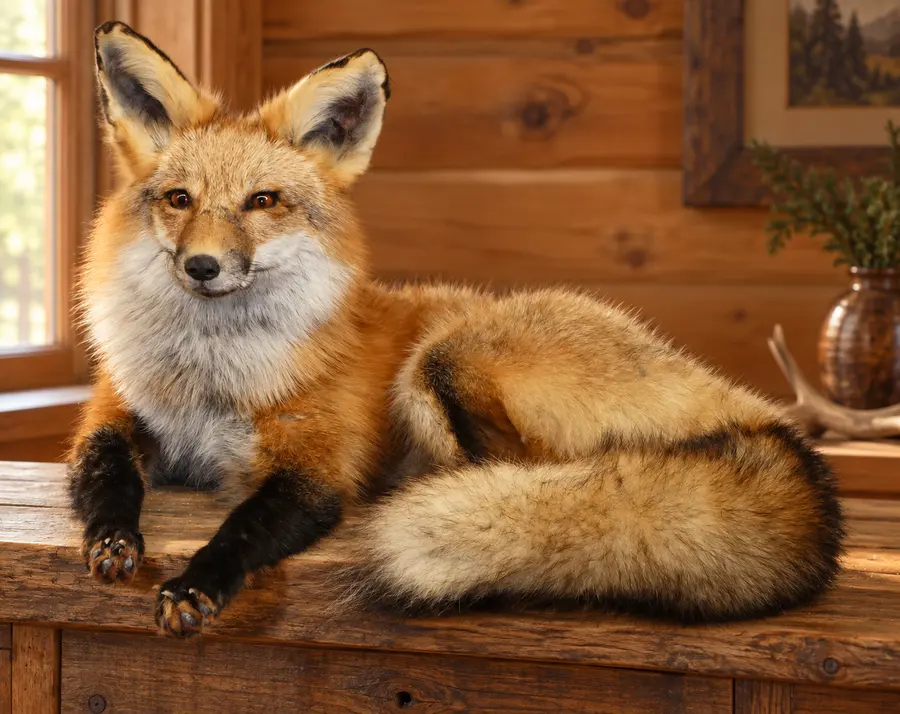 Timber Trail Red Fox Mount in a rustic cabin