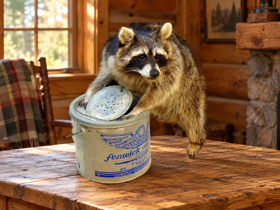 Minnow Bucket Raccoon Mount in a rustic cabin